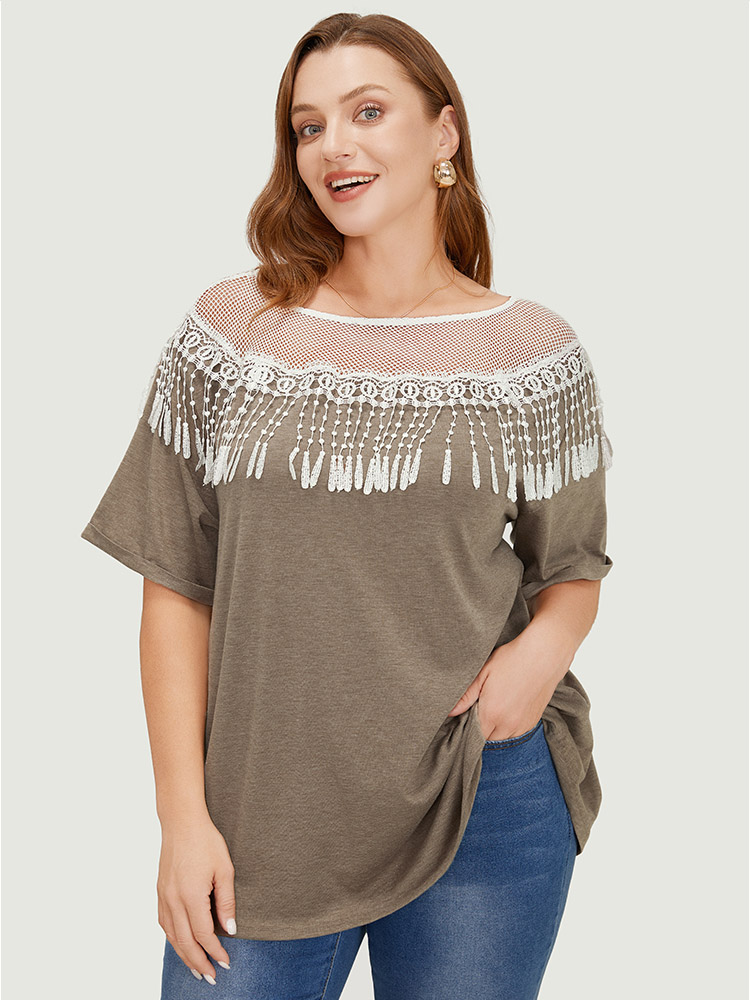 

Solid Roll Sleeve Lace Fringe Trim T-shirt, Darkbrown