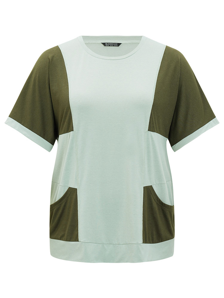 Plus Size Women Dailywear Colorblock Contrast Dolman Sleeve Short sleeve Round Neck Casual T-shirts BloomChic 