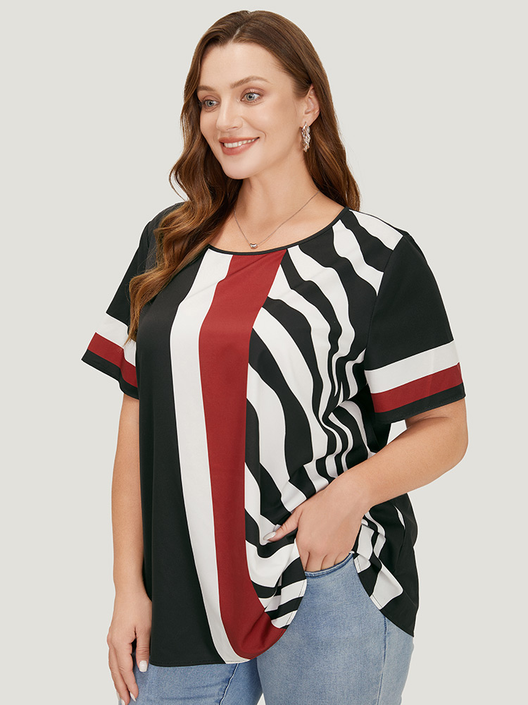Plus Size Multicolor Striped & Geometric Print Crew Neck Blouse Women Elegant Short sleeve Round Neck Dailywear Blouses BloomChic 26/4X 