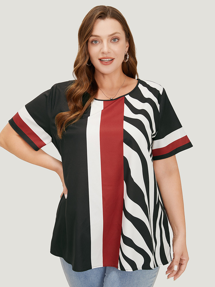 Plus Size Multicolor Striped & Geometric Print Crew Neck Blouse Women Elegant Short sleeve Round Neck Dailywear Blouses BloomChic 26/4X 