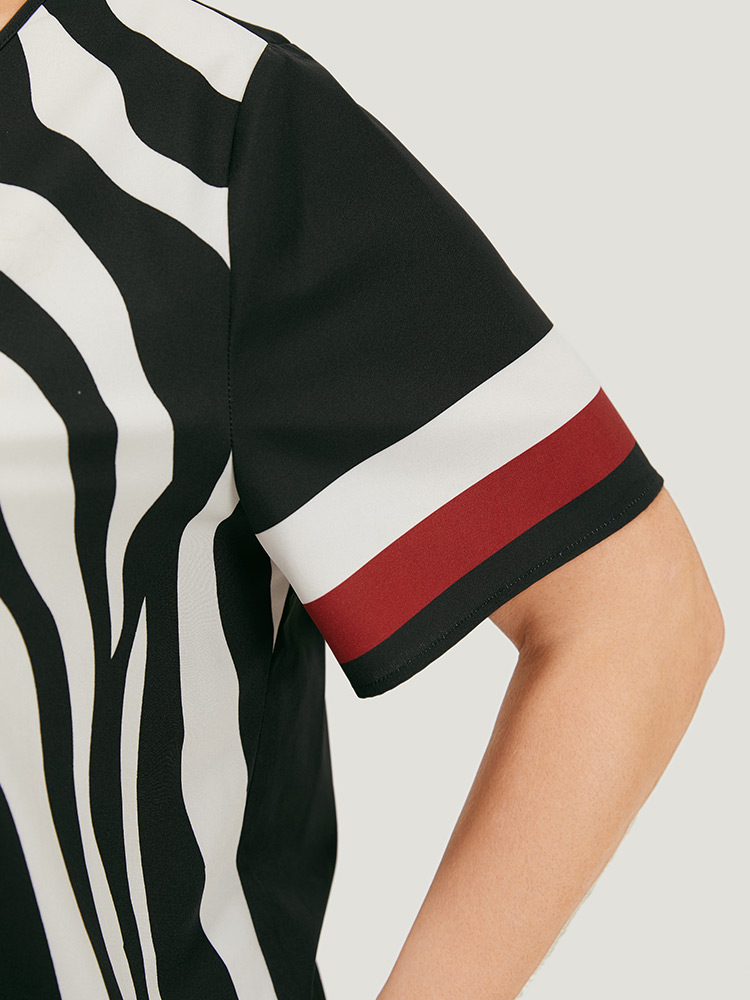 Plus Size Multicolor Striped & Geometric Print Crew Neck Blouse Women Elegant Short sleeve Round Neck Dailywear Blouses BloomChic 26/4X 