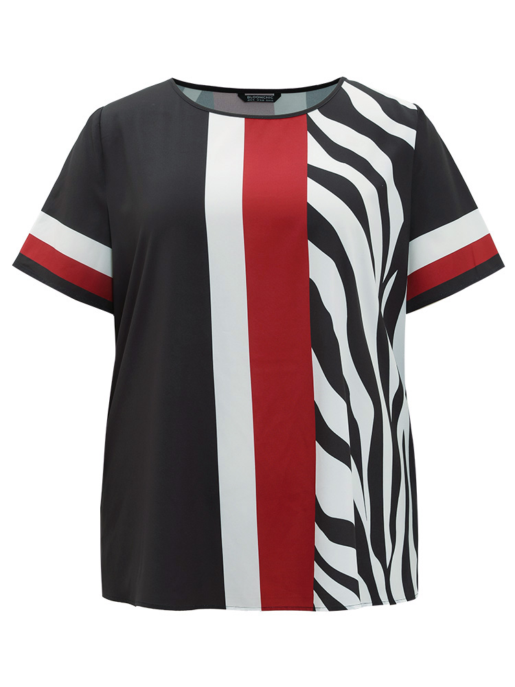 Plus Size Multicolor Striped & Geometric Print Crew Neck Blouse Women Elegant Short sleeve Round Neck Dailywear Blouses BloomChic 26/4X 