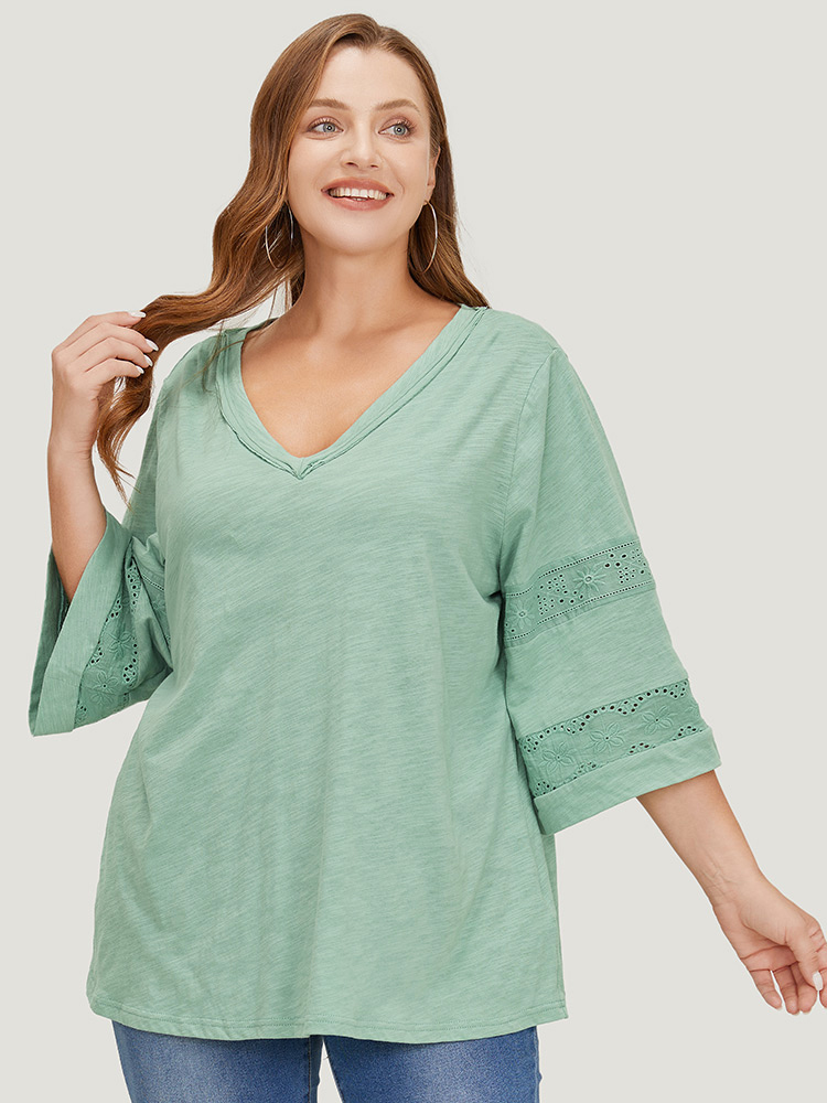 

Plus Size Solid Broderie Anglaise Flounce Sleeve T-shirt Mint Women Elegant Broderie anglaise Plain V-neck Dailywear T-shirts BloomChic