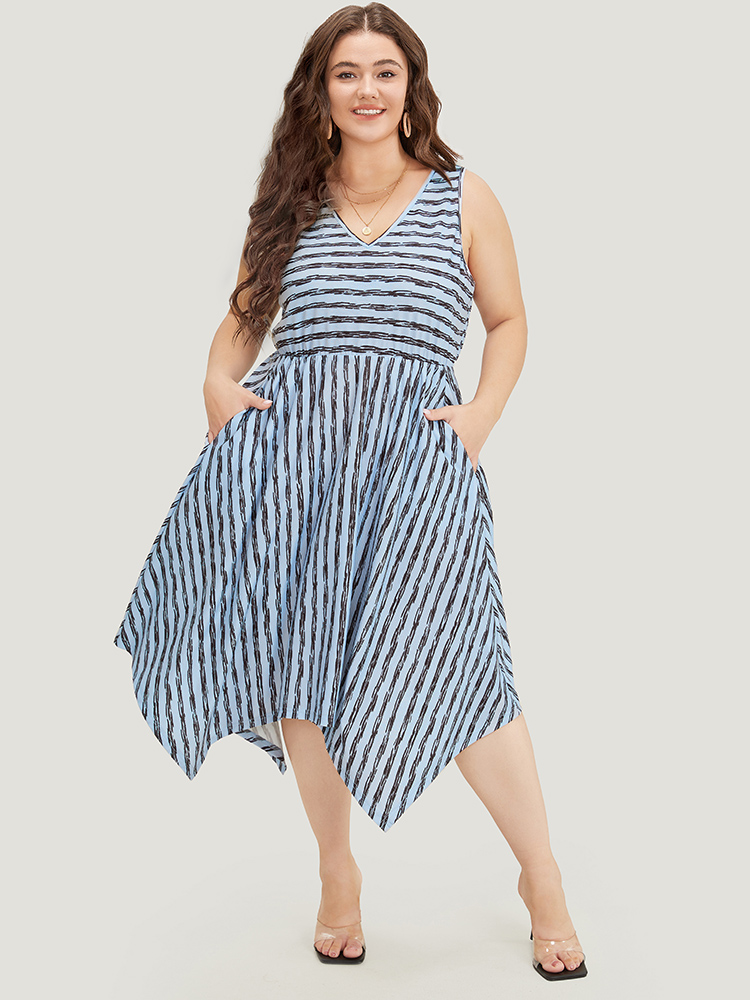 Plus Size Striped Print Hanky Hem Pocket V Neck Tank Dress Stone Women Elegant Gathered V-neck Sleeveless Curvy Midi Dress BloomChic 28/5X 