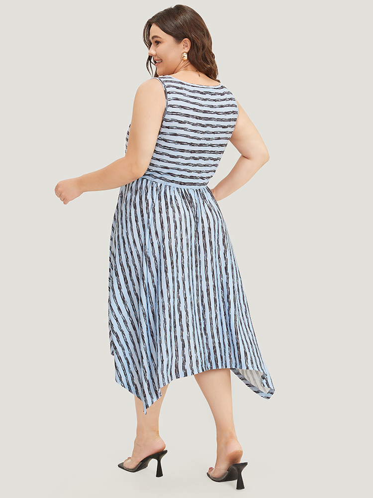 

Plus Size Striped Print Hanky Hem Pocket V Neck Tank Dress Stone Women Elegant Gathered V-neck Sleeveless Curvy Midi Dress BloomChic