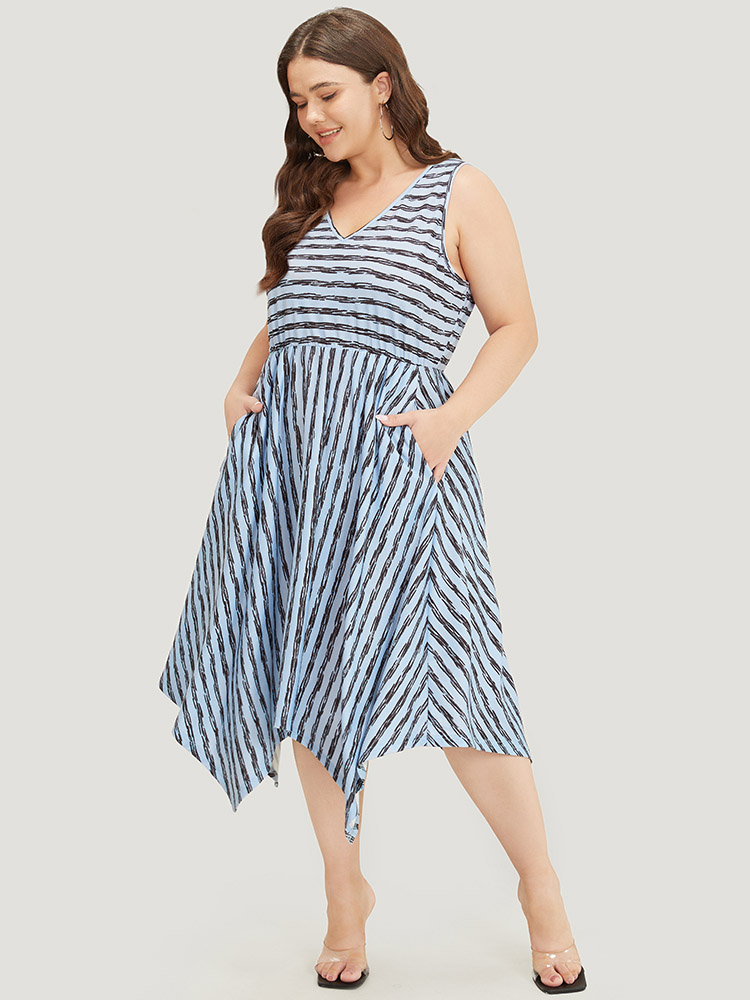 Plus Size Striped Print Hanky Hem Pocket V Neck Tank Dress Stone Women Elegant Gathered V-neck Sleeveless Curvy Midi Dress BloomChic 28/5X 