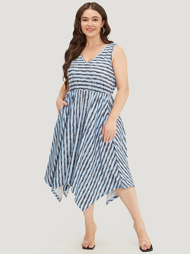Plus Size Striped Print Hanky Hem Pocket V Neck Tank Dress Stone Women Elegant Gathered V-neck Sleeveless Curvy Midi Dress BloomChic 28/5X 