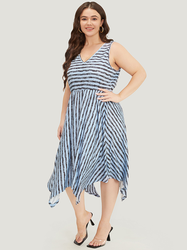 Plus Size Striped Print Hanky Hem Pocket V Neck Tank Dress Stone Women Elegant Gathered V-neck Sleeveless Curvy Midi Dress BloomChic 28/5X 