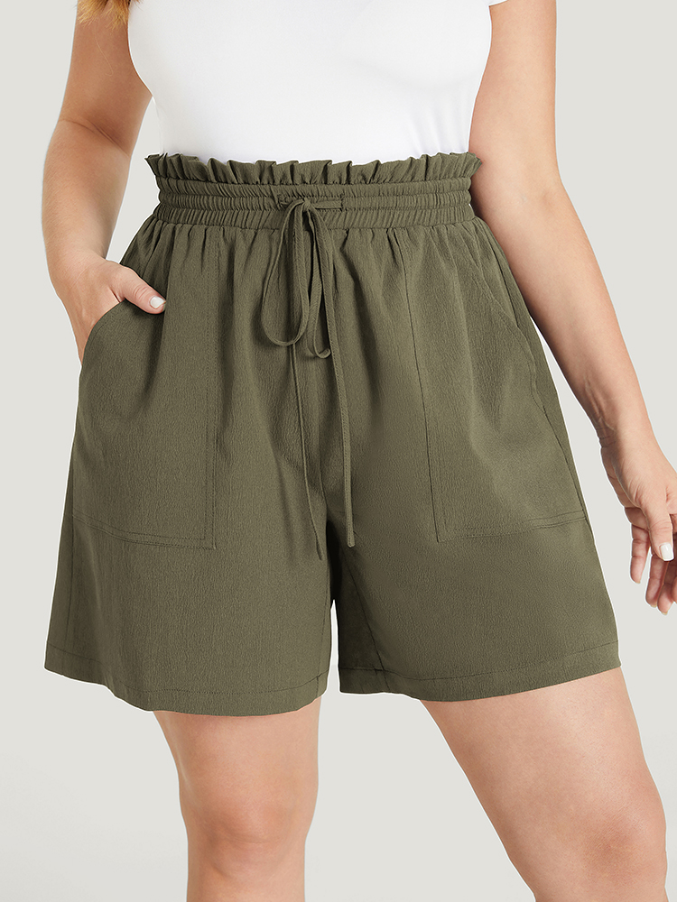 

Plus Size Plain Drawstring Pocket Paperbag Waist Shorts Women ArmyGreen Casual Drawstring Loose Dailywear Shorts BloomChic