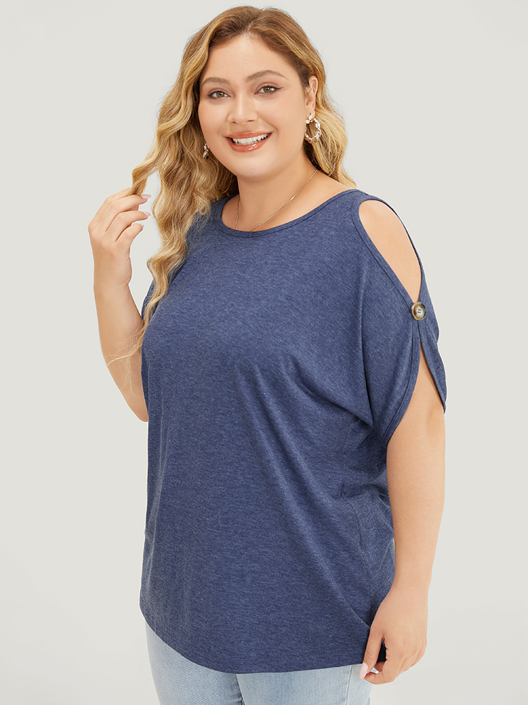 

Plus Size Solid Button Detail Batwing Sleeve Cold Shoulder T-shirt DarkBlue Women Casual Cut-Out Plain Cold Shoulder Dailywear T-shirts BloomChic