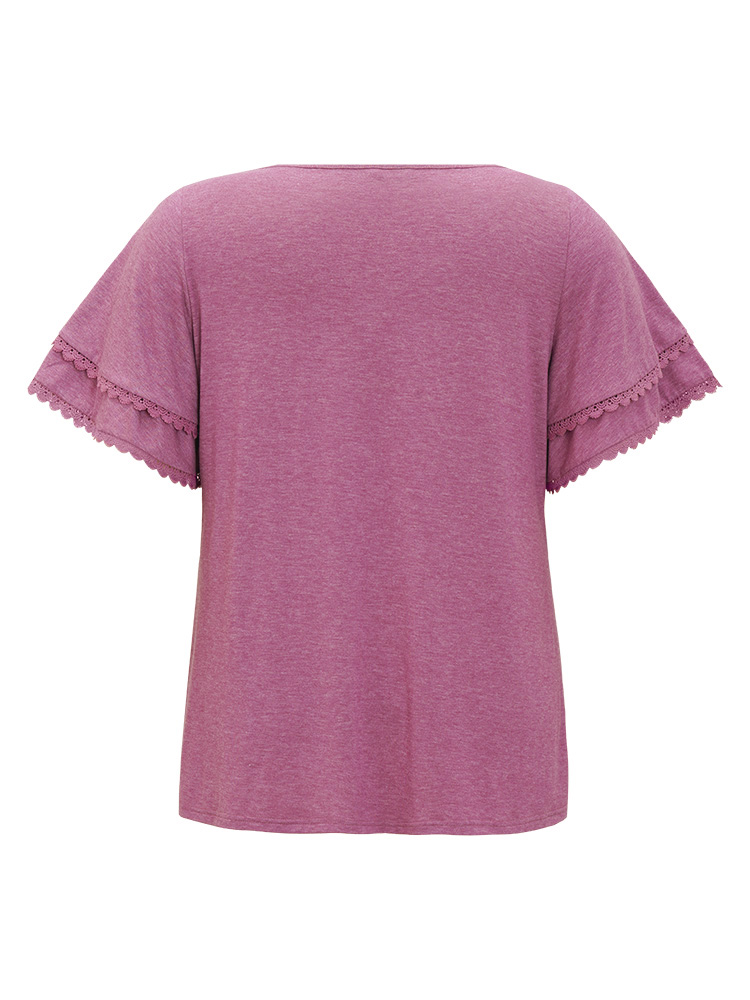 

Plus Size Plain Lace Trim Layered Sleeve T-shirt Mauve Round Neck Short sleeve Elegant Jersey Tops