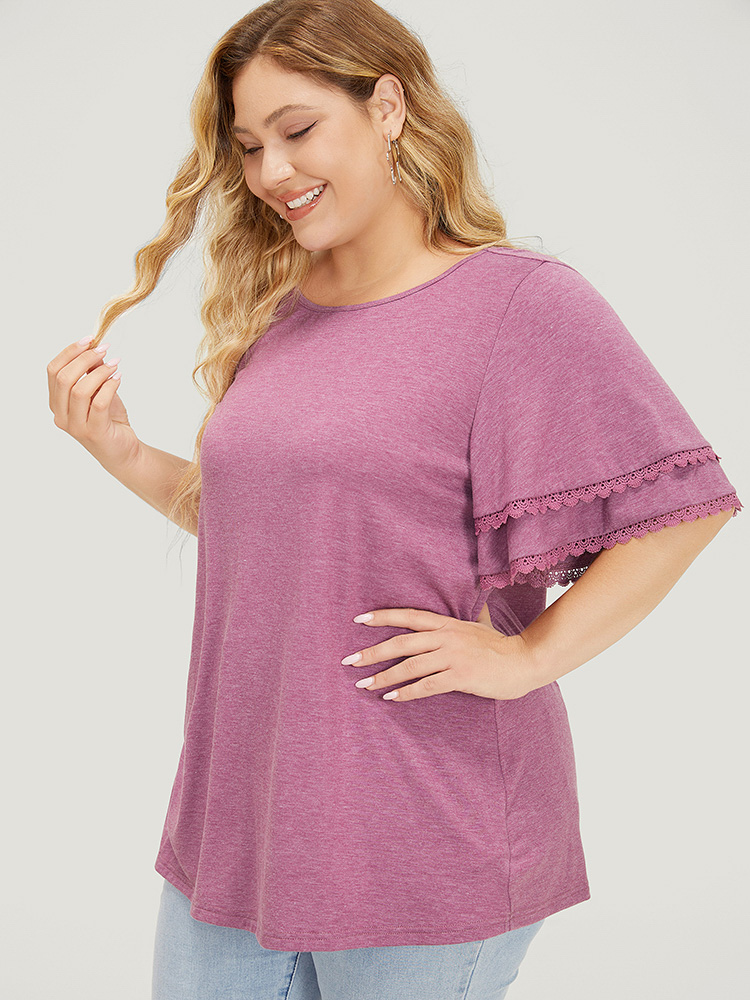 

Plus Size Plain Lace Trim Layered Sleeve T-shirt Mauve Round Neck Short sleeve Elegant Jersey Tops