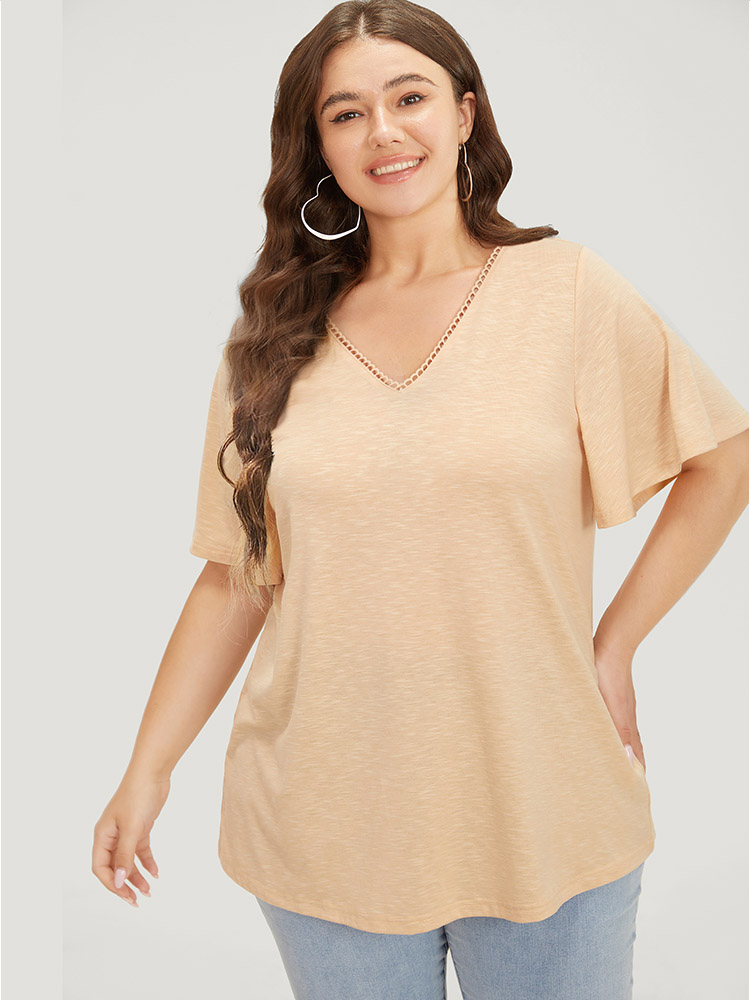 

Plus Size Solid Heather Flutter Sleeve T-shirt LightBrown Women Elegant Heather Plain V-neck Dailywear T-shirts BloomChic