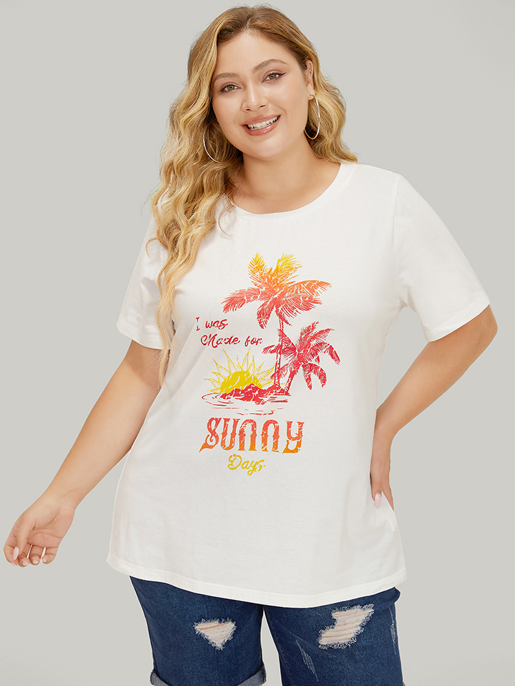 

Plus Size Coconut Tree & Letter Print Drop Shoulder T-shirt White Women Casual Tropical Round Neck Dailywear T-shirts BloomChic