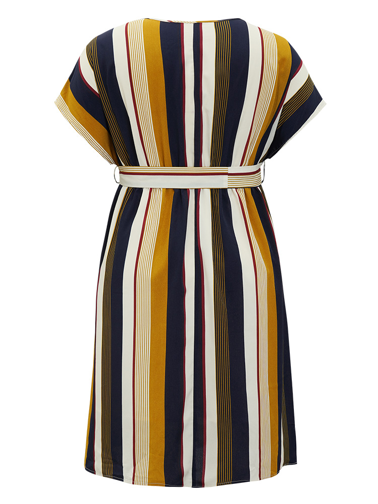 Plus Size Women Dailywear Striped Contrast Dolman Sleeve Short sleeve Round Neck Pocket Belt Vacation Dresses BloomChic 
