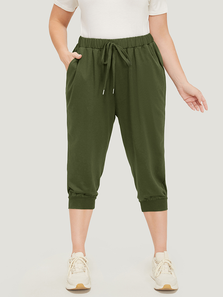 

Plus Size Solid Knot Front Pocket Carrot Pants Women ArmyGreen Casual High Rise Dailywear Pants BloomChic