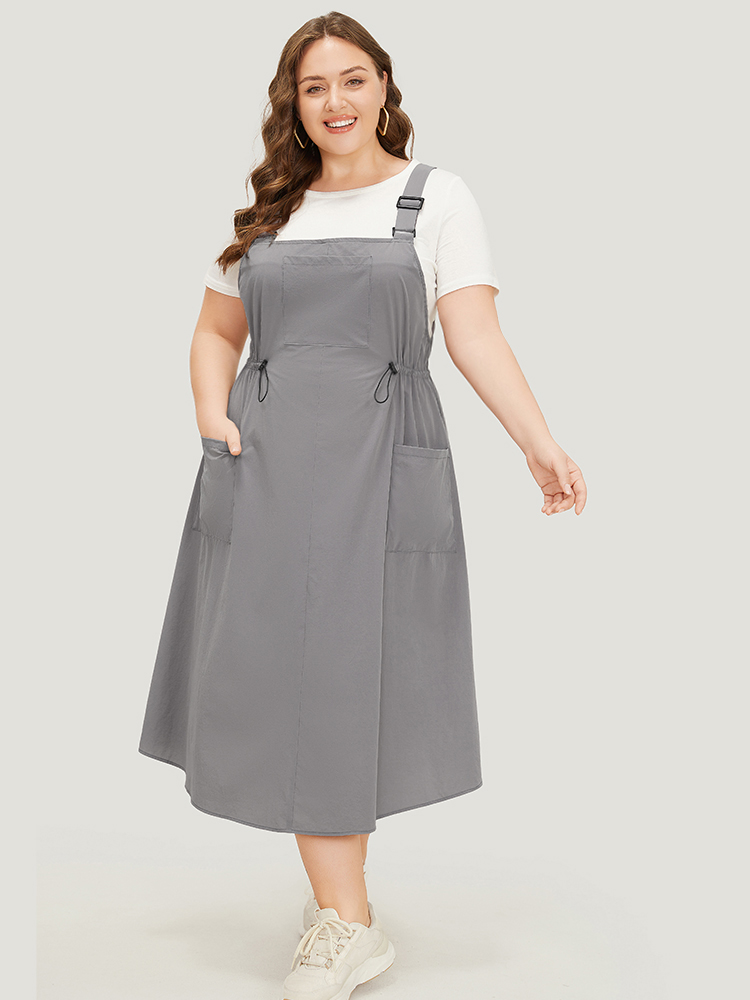 

Plus Size Plain Adjustable Straps Pocket Drawstring Side Overall Dress Gray Women Casual Adjustable Straps Spaghetti Strap Sleeveless Curvy Midi Dress BloomChic