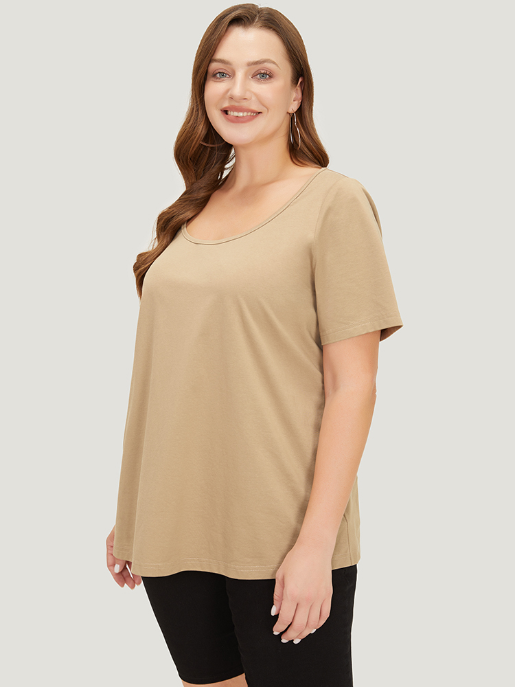 

Plus Size UltraCool Solid Scoop Neck Slightly Stretchy T-shirt Tan Women Basics Plain Scoop Neck Dailywear T-shirts BloomChic
