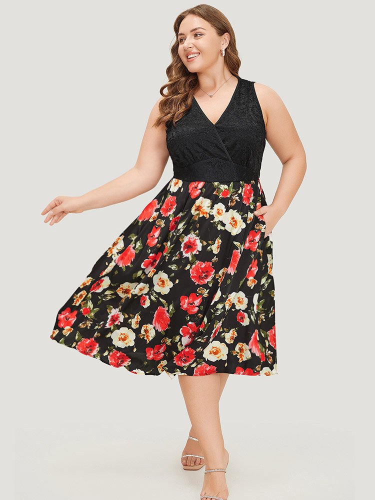 

Plus Size Floral Patchwork Pocket Wrap Tank Dress Black Women Glamour Wrap V-neck Sleeveless Curvy Midi Dress BloomChic