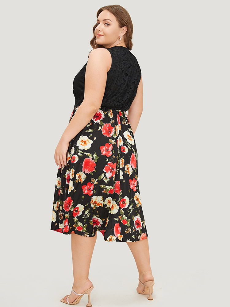 Plus Size Floral Patchwork Pocket Wrap Tank Dress Black Women Glamour Wrap V-neck Sleeveless Curvy Midi Dress BloomChic 18-20/2X 