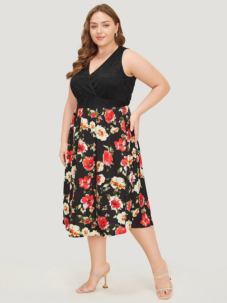 Plus Size Floral Patchwork Pocket Wrap Tank Dress Black Women Glamour Wrap V-neck Sleeveless Curvy Midi Dress BloomChic 18-20/2X 