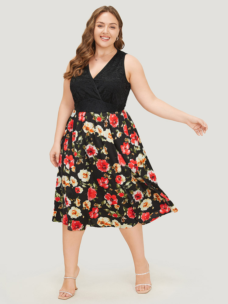 

Plus Size Floral Patchwork Pocket Wrap Tank Dress Black Women Glamour Wrap V-neck Sleeveless Curvy Midi Dress BloomChic