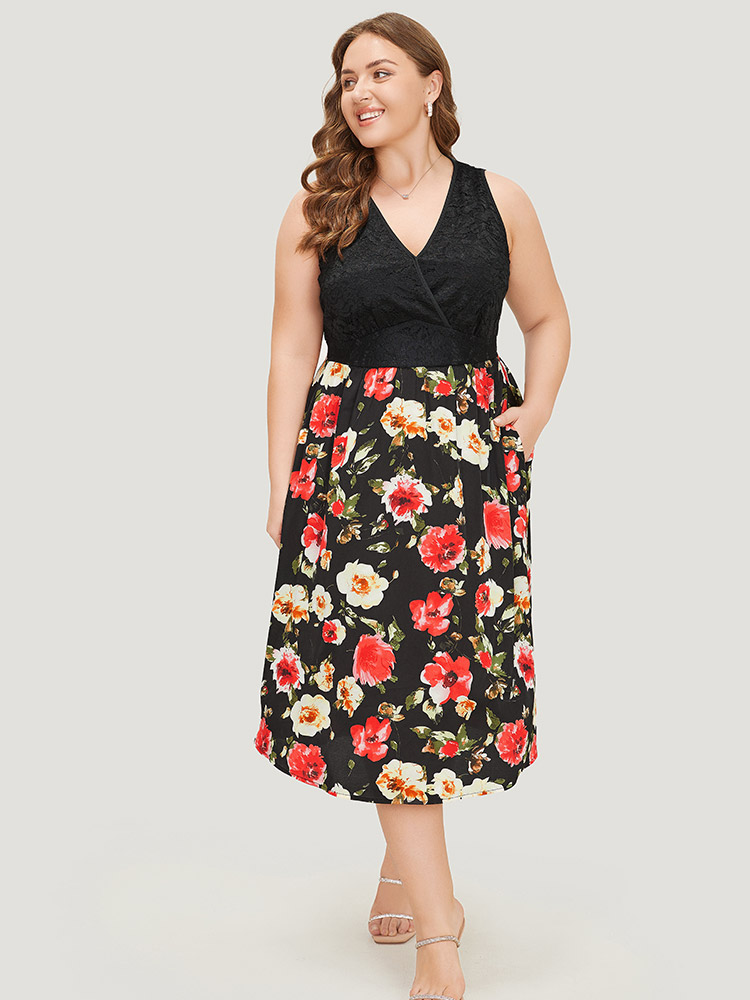 Plus Size Floral Patchwork Pocket Wrap Tank Dress Black Women Glamour Wrap V-neck Sleeveless Curvy Midi Dress BloomChic 18-20/2X 