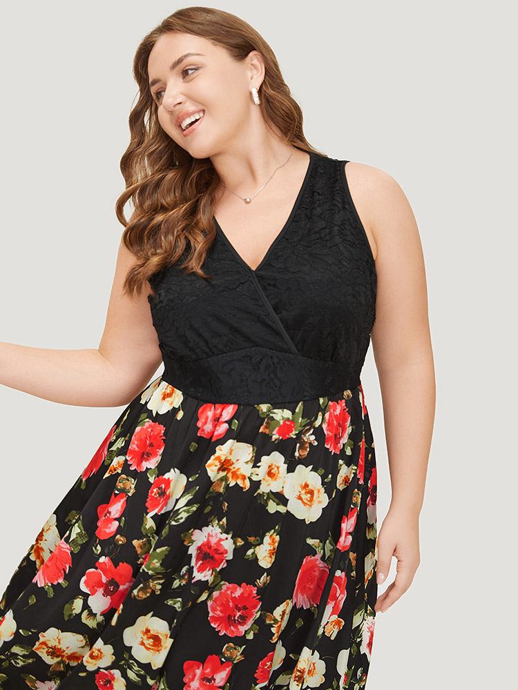 Plus Size Floral Patchwork Pocket Wrap Tank Dress Black Women Glamour Wrap V-neck Sleeveless Curvy Midi Dress BloomChic 18-20/2X 