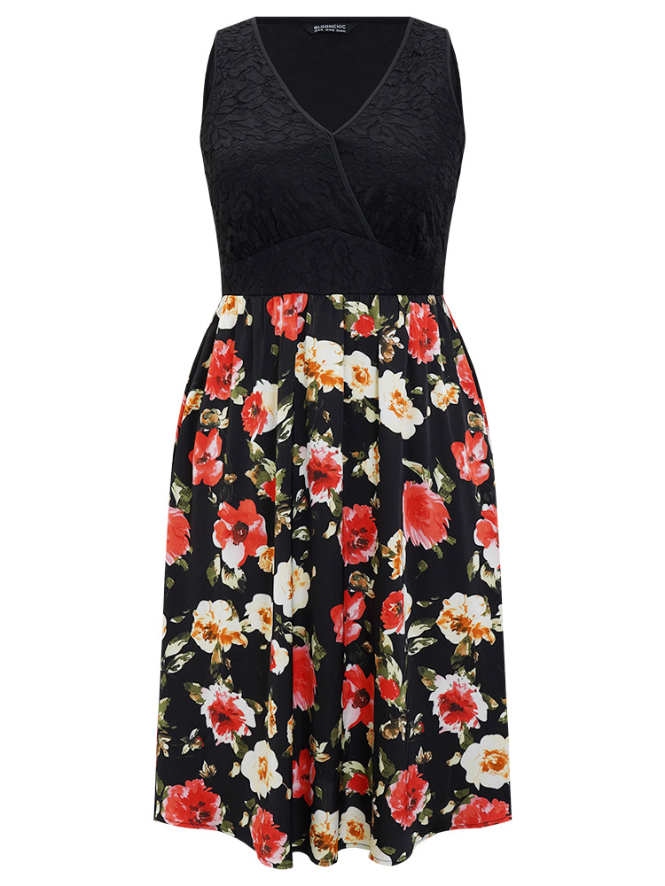 Plus Size Floral Patchwork Pocket Wrap Tank Dress Black Women Glamour Wrap V-neck Sleeveless Curvy Midi Dress BloomChic 18-20/2X 