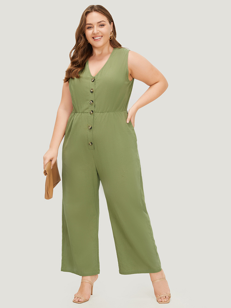 

Plus Size Sage Plain Pocket Button Through Tank Jumpsuit Women Office Sleeveless V-neck Work Loose Jumpsuits BloomChic