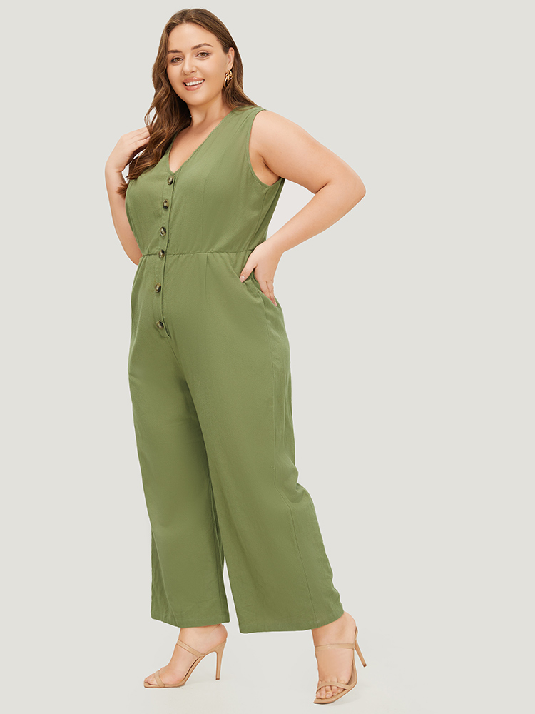 

Plus Size Sage Plain Pocket Button Through Tank Jumpsuit Women Office Sleeveless V-neck Work Loose Jumpsuits BloomChic