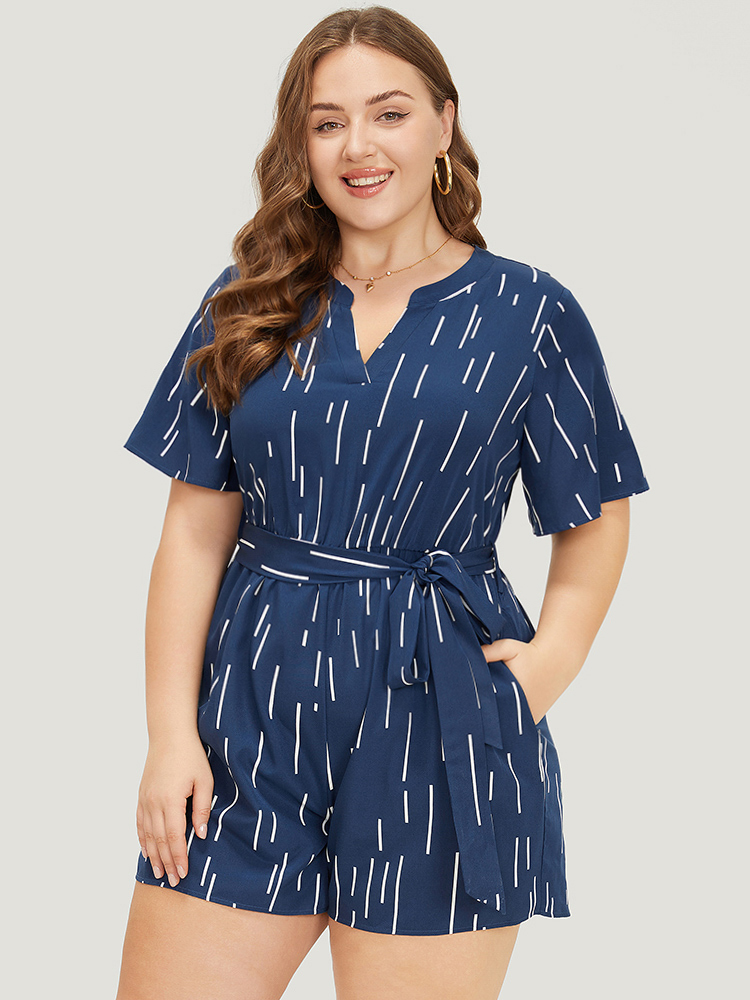 

Plus Size Geometric Print Belt Notched Neck Romper Blue Striped Pocket Office Work  Rompers Bloomchic