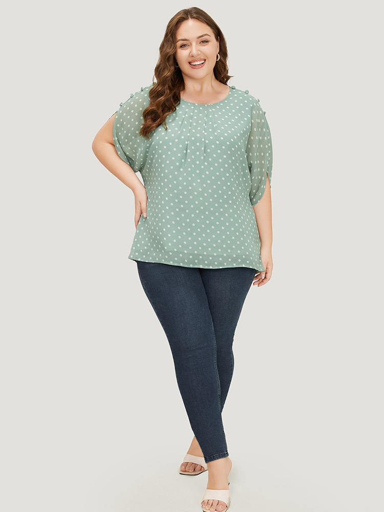 

Plus Size Mint Polka Dot Pleated Button Detail Split Sleeve Blouse Women Elegant Half Sleeve Round Neck Dailywear Blouses BloomChic