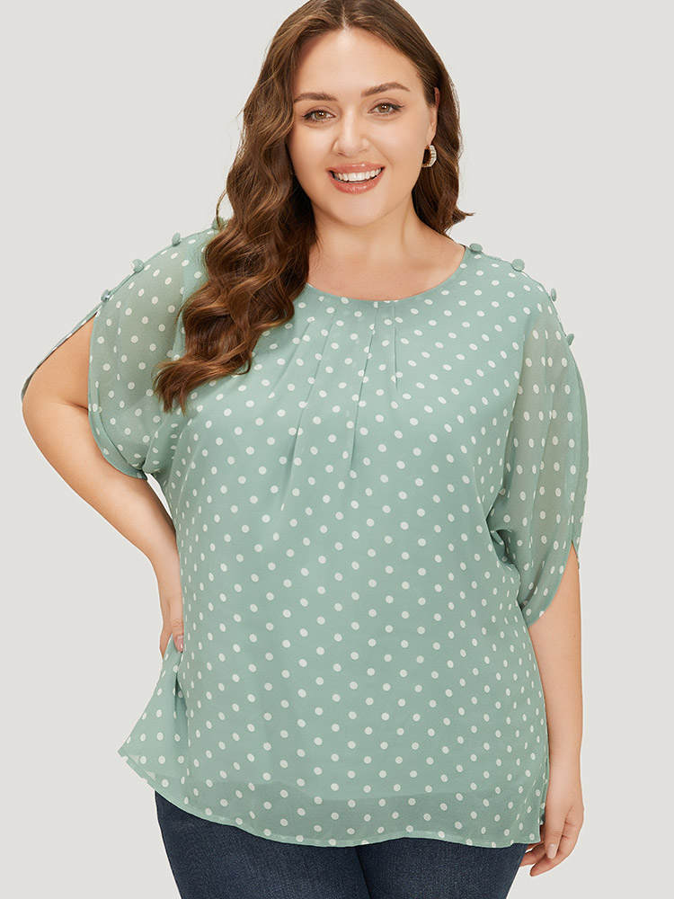 Plus Size Mint Polka Dot Pleated Button Detail Split Sleeve Blouse Women Elegant Half Sleeve Round Neck Dailywear Blouses BloomChic 10/M 