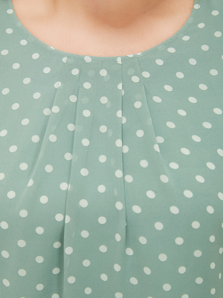 Plus Size Mint Polka Dot Pleated Button Detail Split Sleeve Blouse Women Elegant Half Sleeve Round Neck Dailywear Blouses BloomChic 10/M 