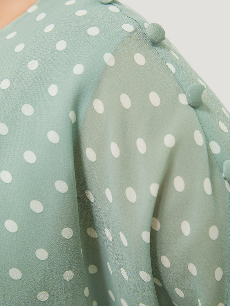 Plus Size Mint Polka Dot Pleated Button Detail Split Sleeve Blouse Women Elegant Half Sleeve Round Neck Dailywear Blouses BloomChic 10/M 