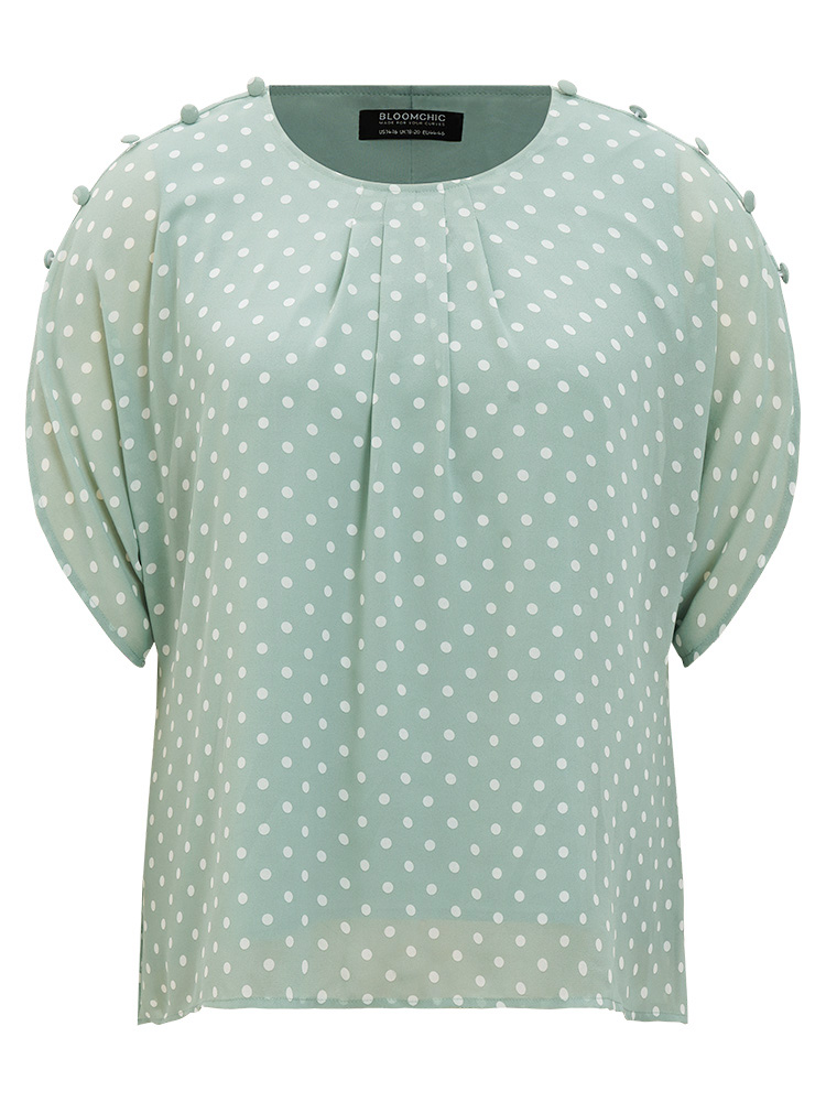 Plus Size Mint Polka Dot Pleated Button Detail Split Sleeve Blouse Women Elegant Half Sleeve Round Neck Dailywear Blouses BloomChic 10/M 