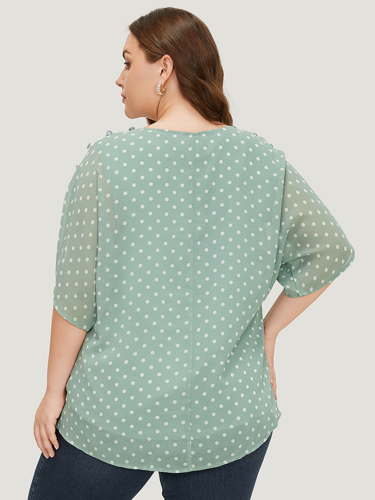 Plus Size Mint Polka Dot Pleated Button Detail Split Sleeve Blouse Women Elegant Half Sleeve Round Neck Dailywear Blouses BloomChic 10/M 