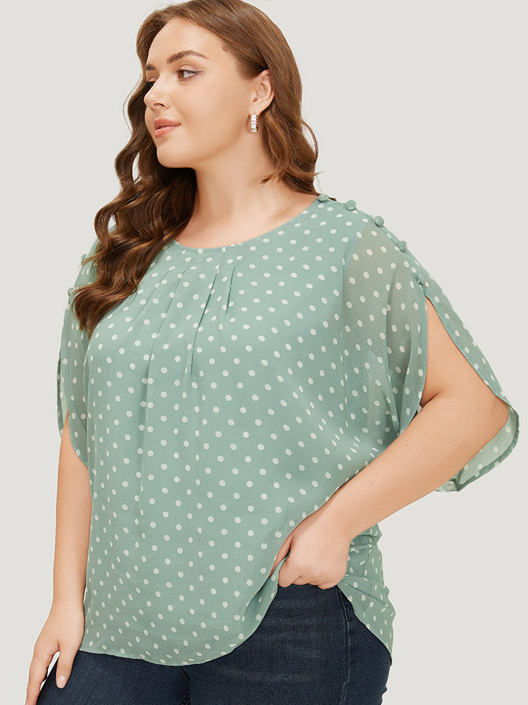 Plus Size Mint Polka Dot Pleated Button Detail Split Sleeve Blouse Women Elegant Half Sleeve Round Neck Dailywear Blouses BloomChic 10/M 
