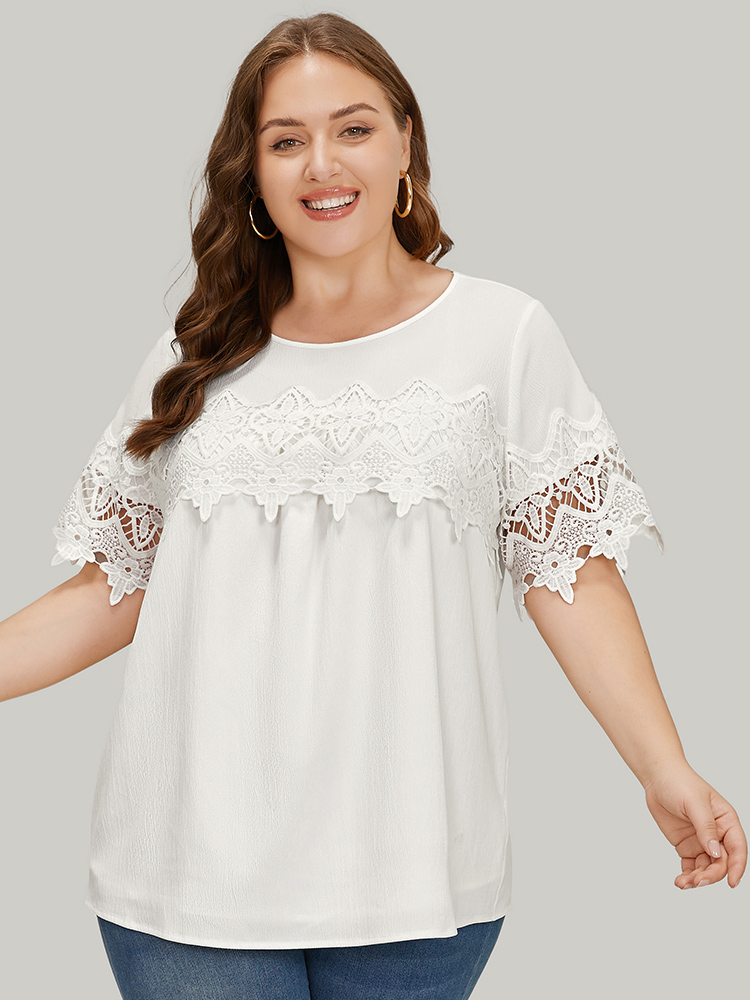 

Plus Size White Solid Round Neck Guipure Lace Blouse Women Elegant Short sleeve Round Neck Dailywear Blouses BloomChic