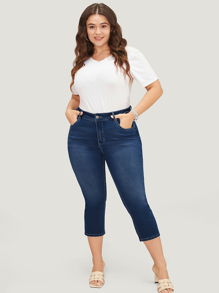 

Plus Size Skinny Very Stretchy High Rise Medium Wash Cropped Jeans Women DarkBlue Casual Plain High stretch Pocket Jeans BloomChic