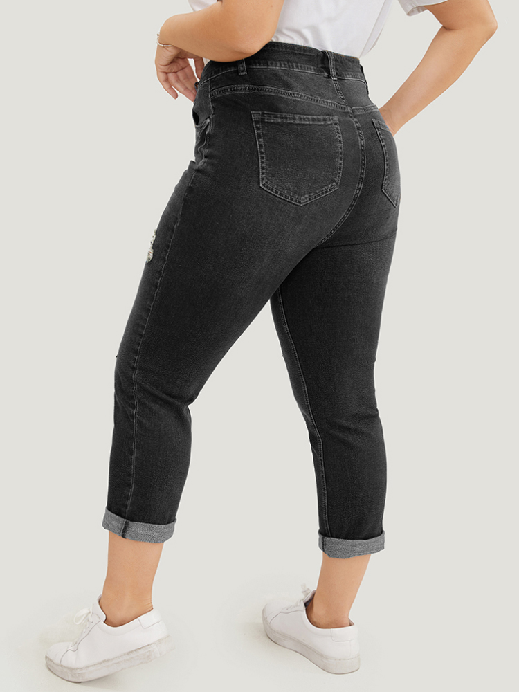 

Plus Size Very Stretchy Dark Wash Roll Hem Cropped Jeans Women DarkGray Casual Plain Distressed High stretch Patch pocket Jeans BloomChic