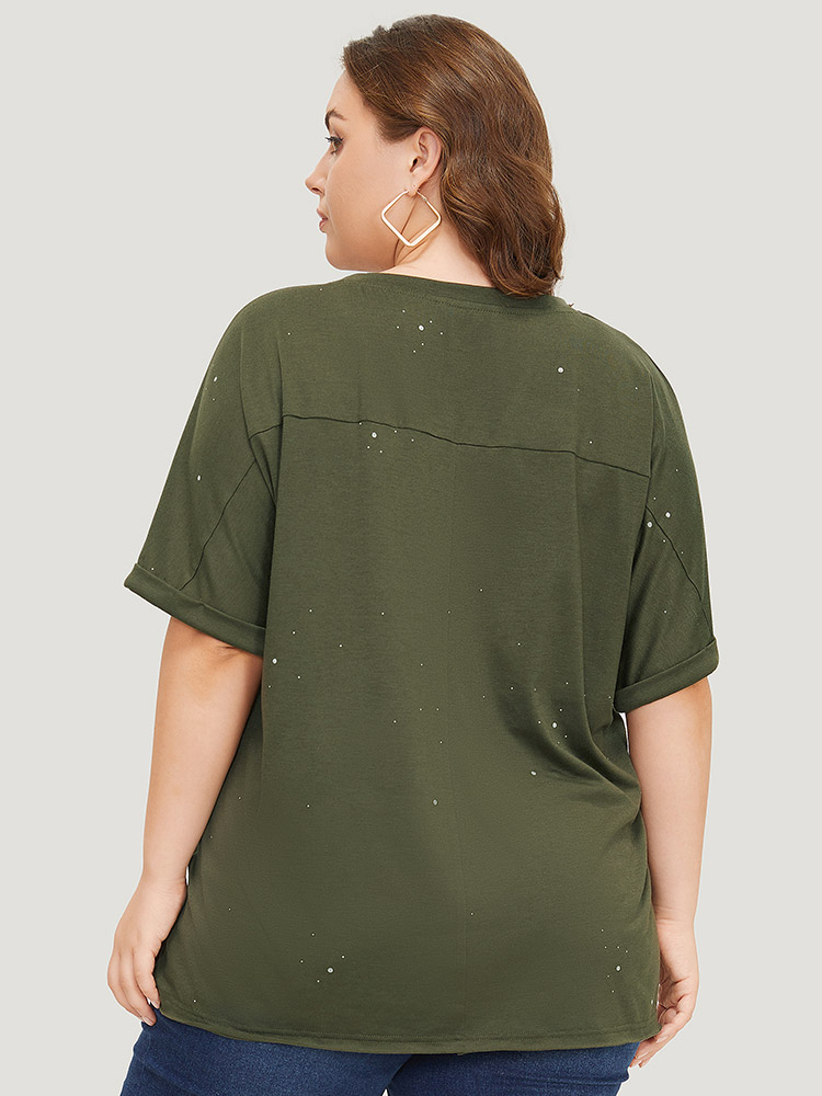 

Plus Size Plain Ripped Detail Crew Neck T-shirt Sage Women Casual Distressed Plain Round Neck Dailywear T-shirts BloomChic