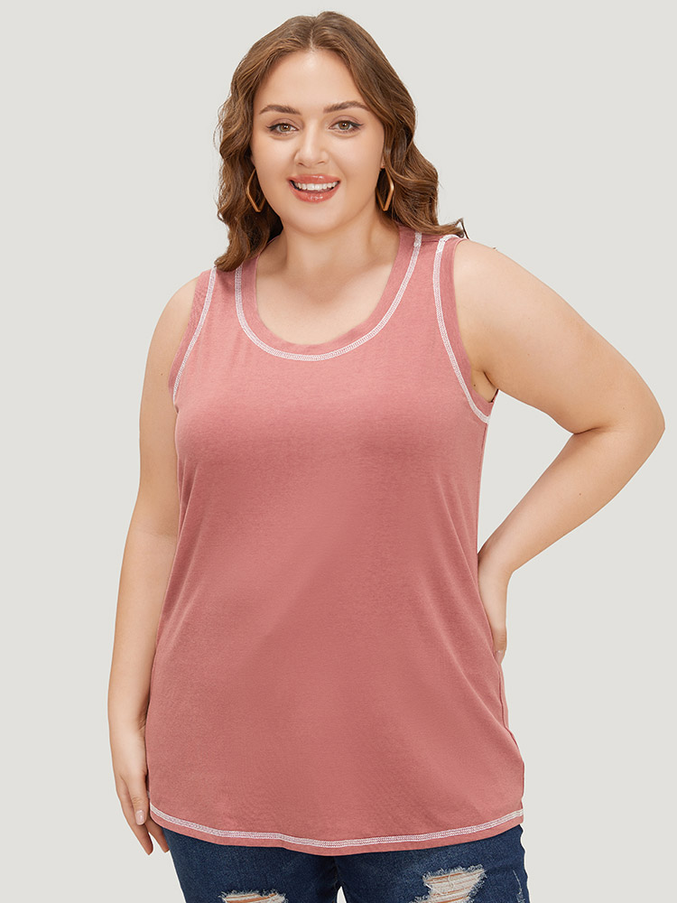 

Plus Size Solid Contrast Stitch Tank Top Women DustyPink Casual Contrast Round Neck Dailywear Tank Tops Camis BloomChic