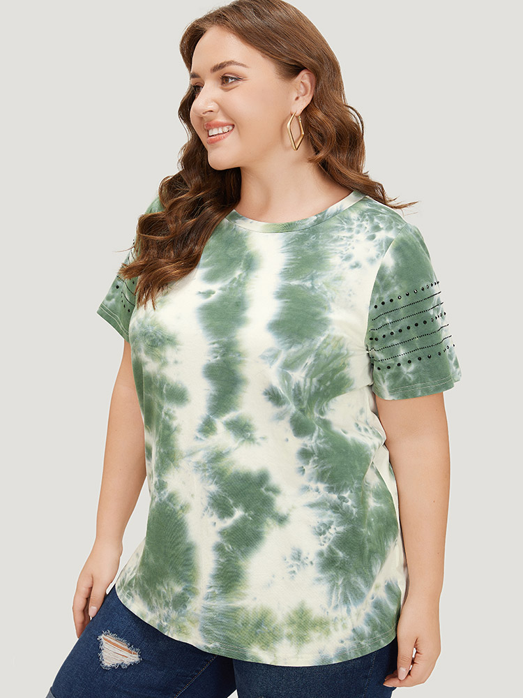 

Plus Size Tie Dye Crew Neck Rivet Detail T-shirt Green Women Casual Tie Dye Round Neck Dailywear T-shirts BloomChic