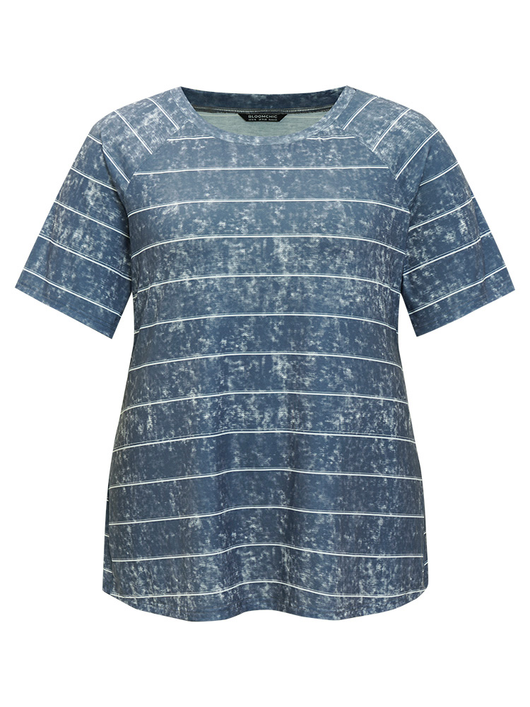 Plus Size Women Dailywear Striped Contrast Raglan sleeve Short sleeve Round Neck Casual T-shirts BloomChic 