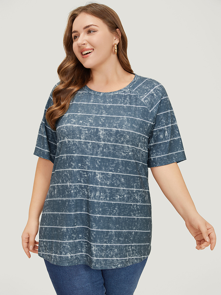 Plus Size Women Dailywear Striped Contrast Raglan sleeve Short sleeve Round Neck Casual T-shirts BloomChic 
