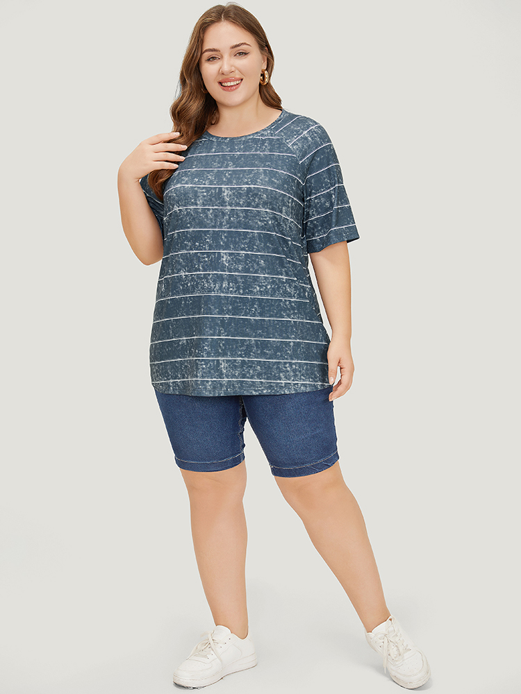 Plus Size Women Dailywear Striped Contrast Raglan sleeve Short sleeve Round Neck Casual T-shirts BloomChic 