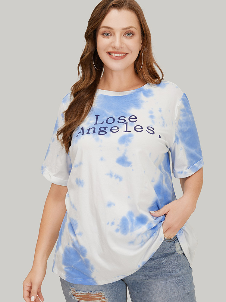 

Plus Size Letter Print Short Sleeve Tie Dye T-shirt White Women Casual Art&design Dailywear T-shirts BloomChic