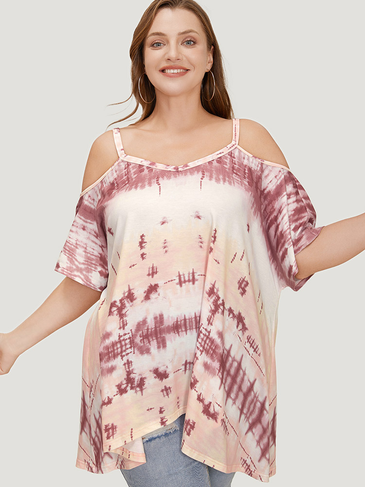 

Plus Size Tie Dye Asymmetrical Hem Cami T-shirt Multicolor Spaghetti Strap Sleeveless Casual Jersey Tops